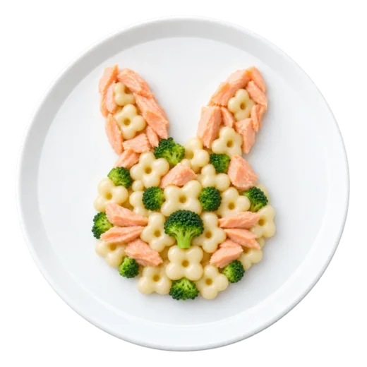 Salmon, broccoli and little pasta plated as a bunny